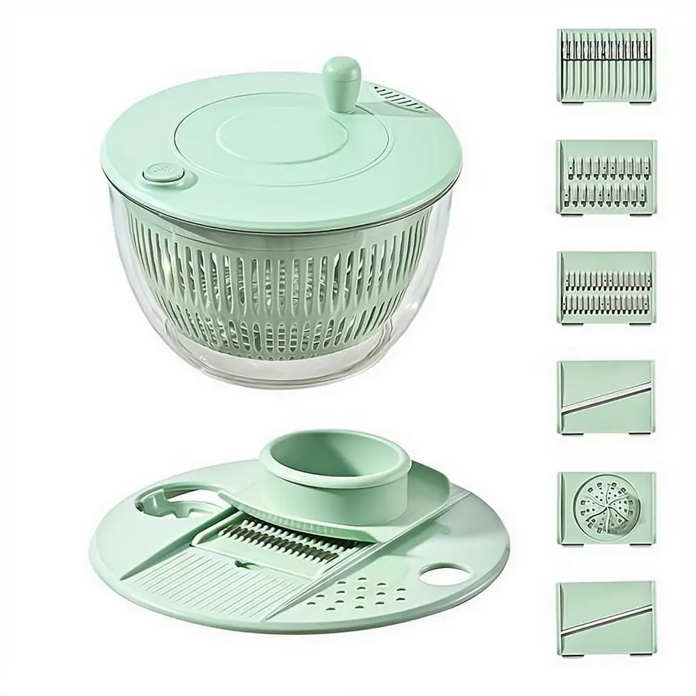 

Stainless Steel Salad Spinner with Slicer Set 5 Qt Large Rotation Vegetable Washer Includes 5 Chopping Blades Slicer Drain Bowl