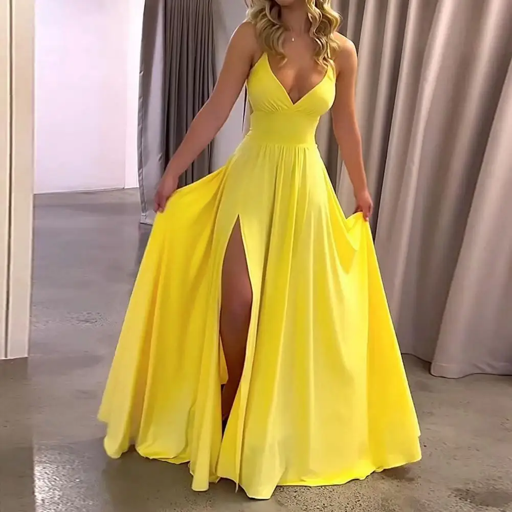 Women Ball Gown Sexy Off Shoulder Low-cut Backless Evening Dress Split Hem Pleated High Waist Floor Length Prom Party Maxi Dress