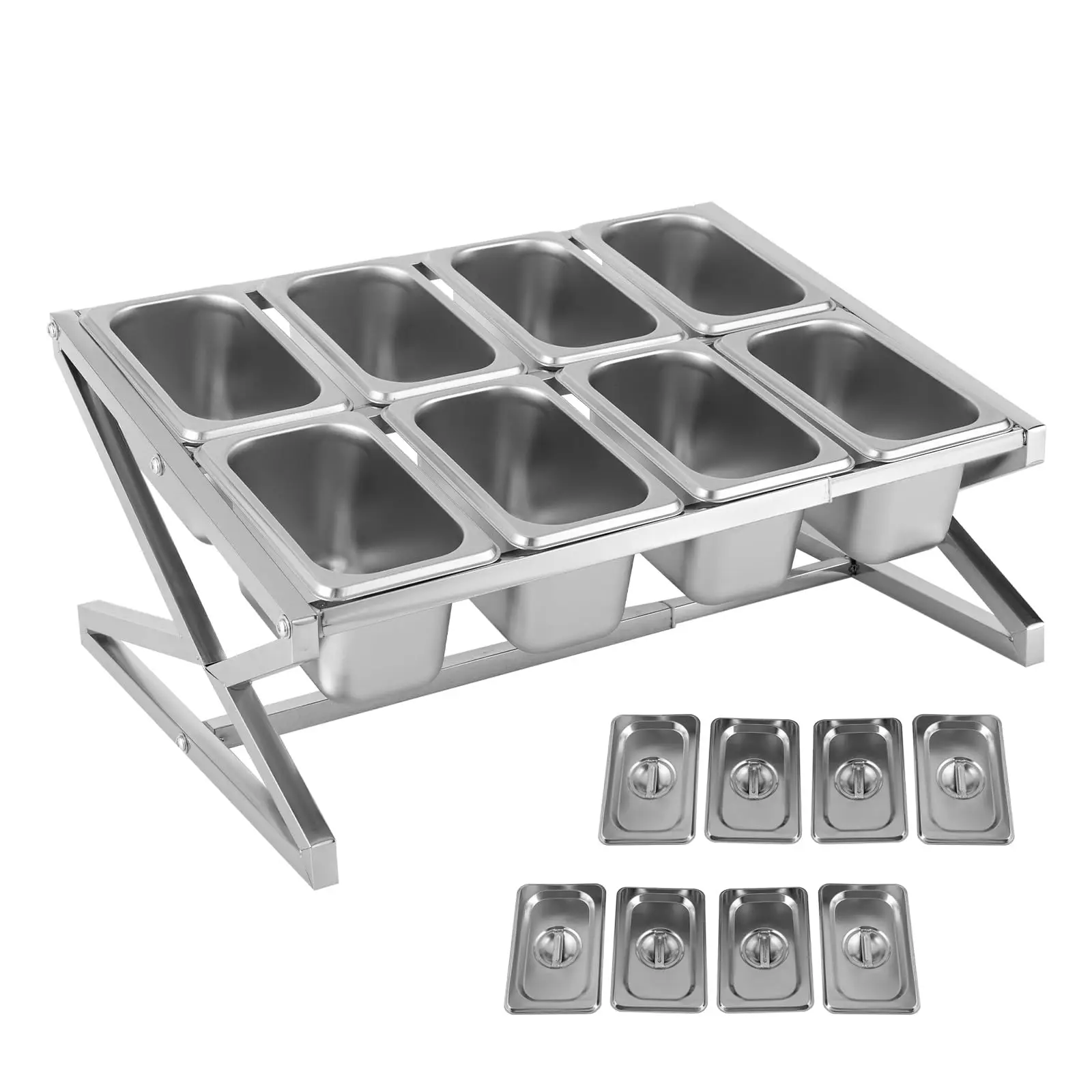

Expandable Stainless Steel Spice Rack with 8 Pans and 8 Lids, 2-Tier Seasoning Organizer, Inclined Spice Organizer, Countertop H