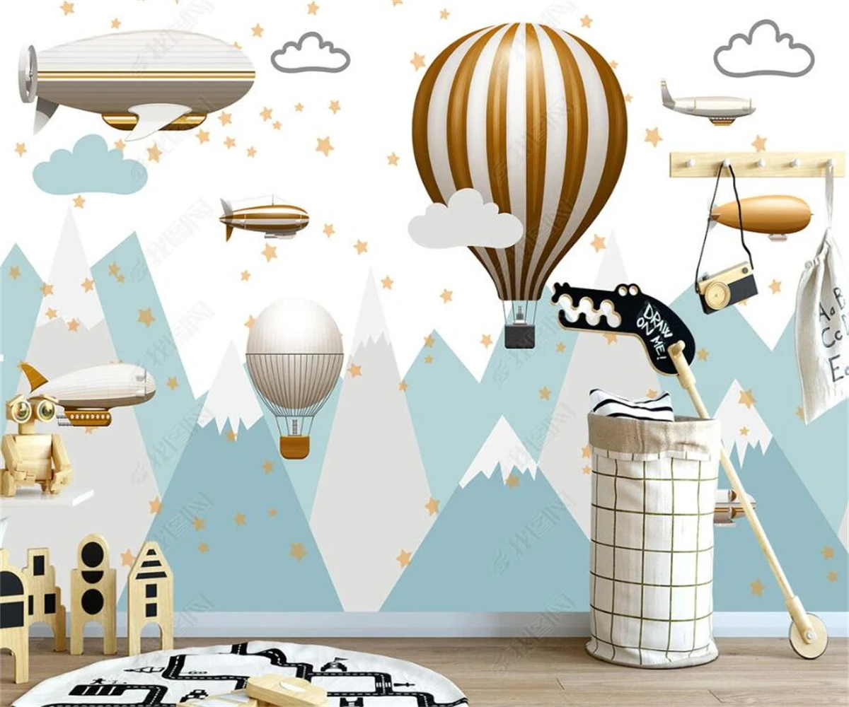 beibehang Customized Nordic hand drawn cartoon flying small animal airplane hot air balloon children's room background wallpaper