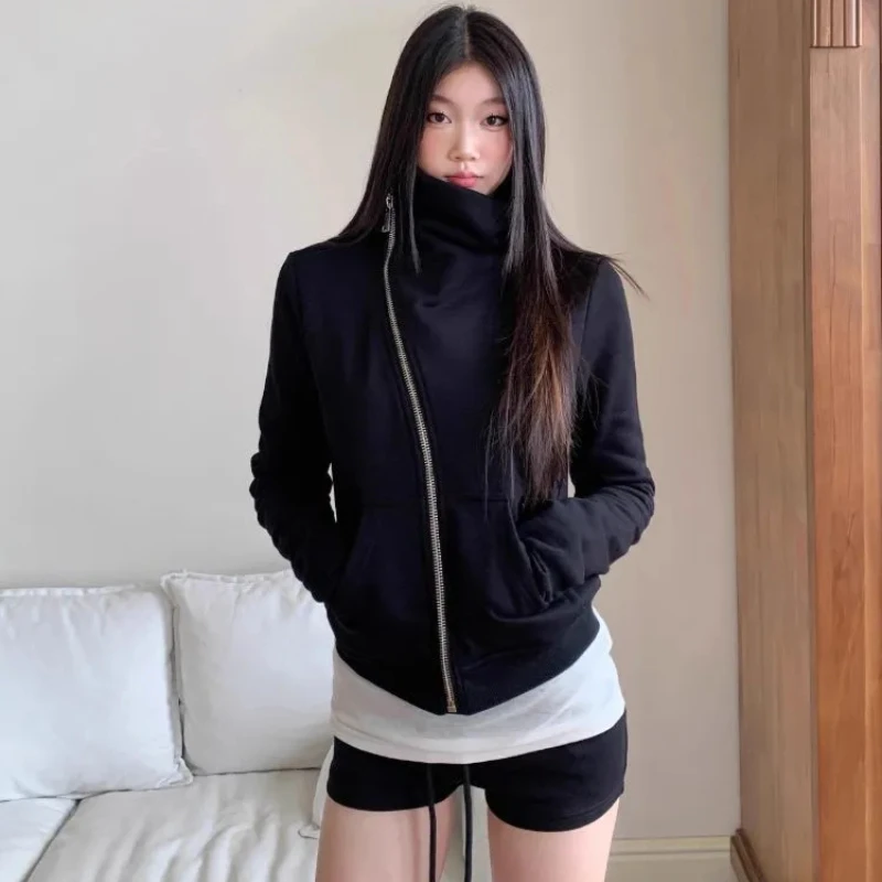 

Американская винтажная куртка с капюшоном и длинными рукавами, женская осенне-зимняя повседневная тонкая куртка-кардиган, топ Harajuku, однотонная одежда на молнии Y2k, 2025 г.