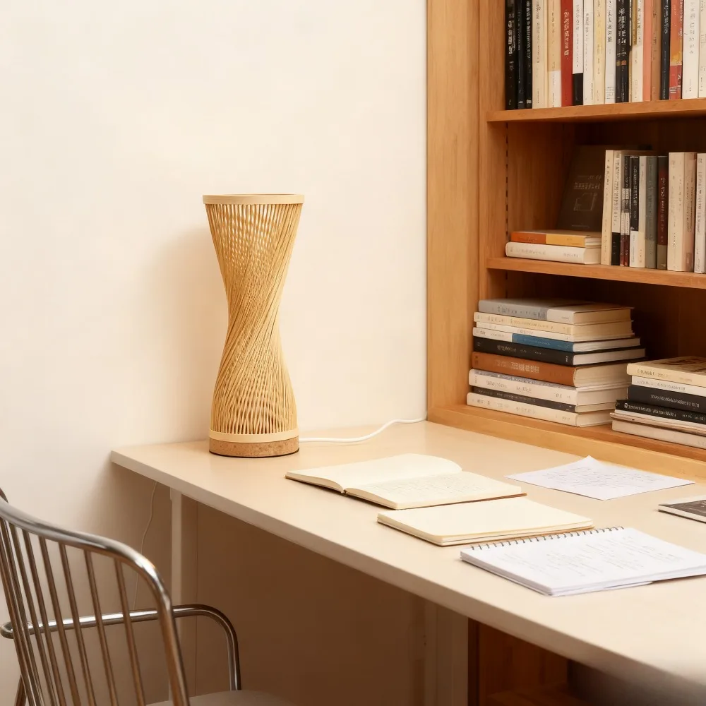 JOYINLED Japanese Style Bamboo Table Lamp 15x35CM Hand Woven Rattan Desk Lamp with ON/OFF Switch for Bedroom Study E27 LED Light