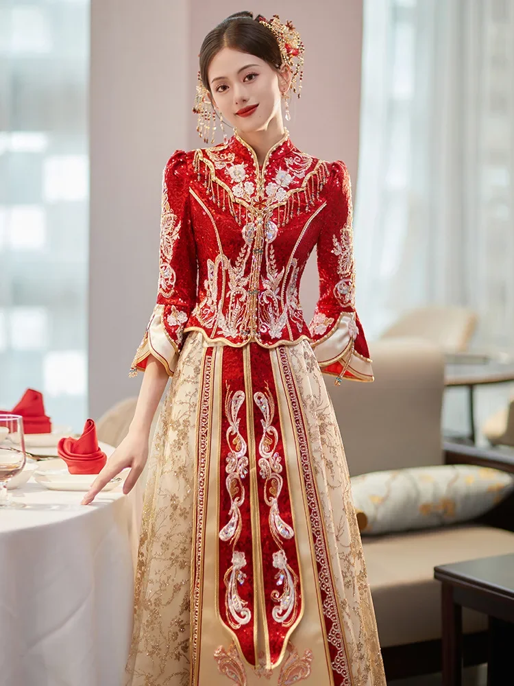 Elegant Tassel Cheongsam Embroidery Chinese Style Sparkly Sequins Beading Wedding Dress Marriage Set Bride Toast Clothing