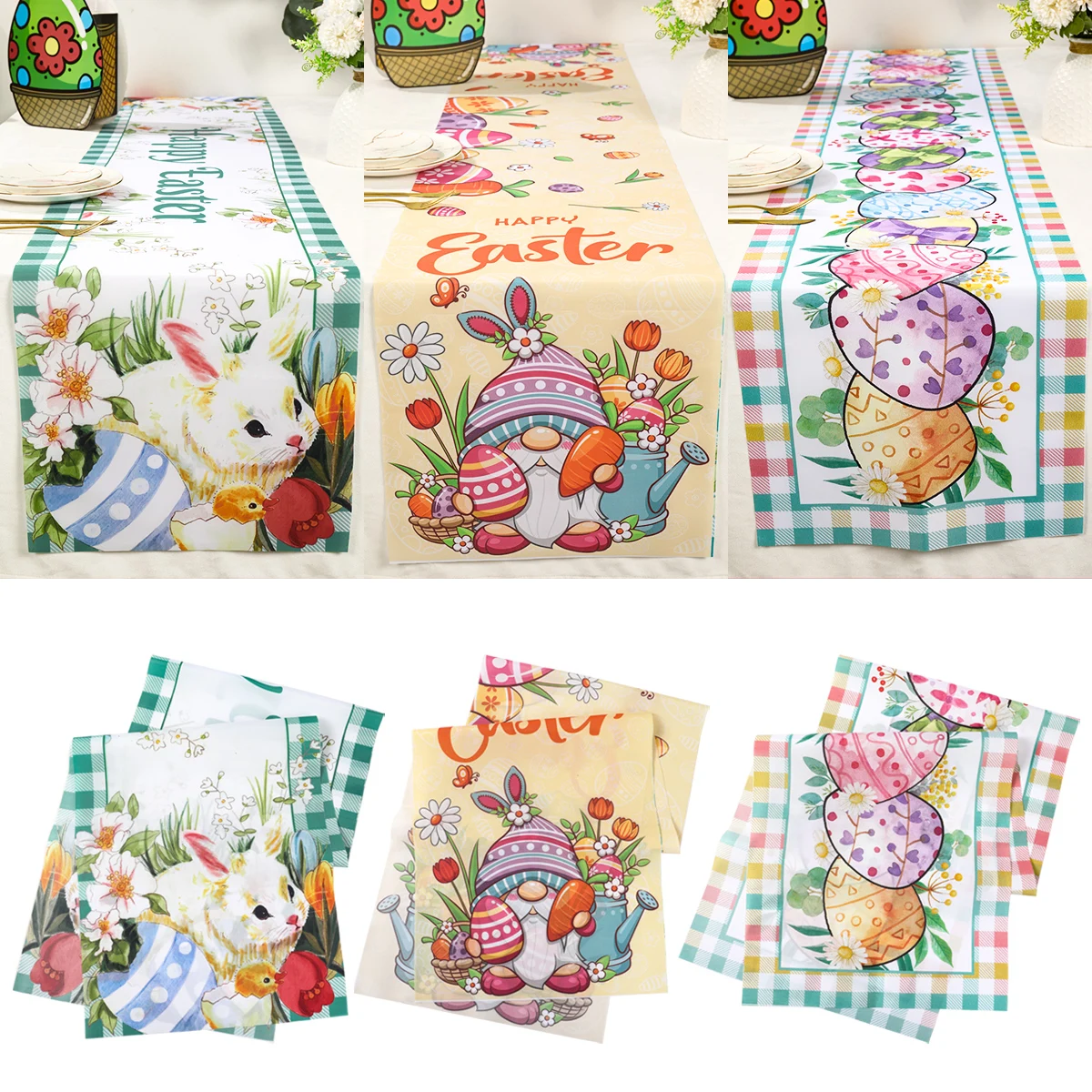 Happy Easter Table Runner Easter Decorations 2024 For Home Table Bunny Eggs Polyester Table Runner 180x35cm Easter Party Decor