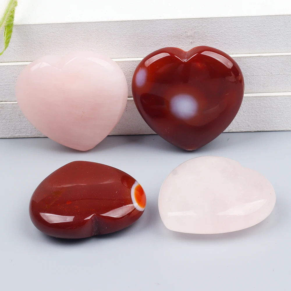 40mm Natural Agate Heart Stone Rose Quartz Crystal Reiki Healing Love Figurine Home Decorative Ornament