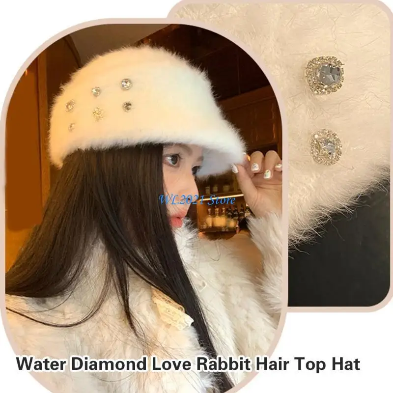 G5GC قبعة القلب المتطورة أحجار الراين مزينة قبعة فراء الأرانب قبعة أنيقة
