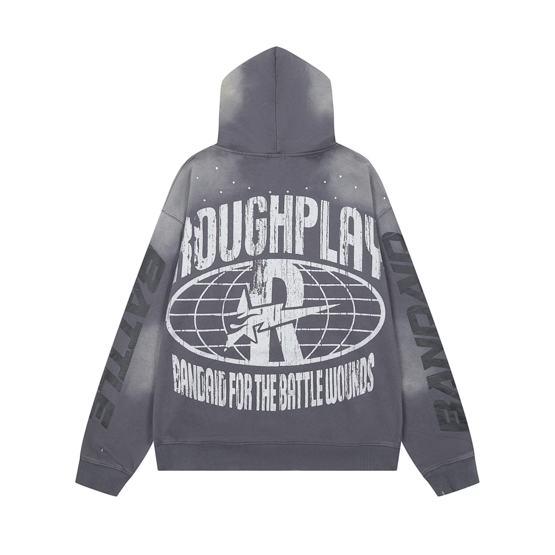 American Street‑Style Rhinestone  Washed Distressed Hoodie Oversized Unisex Vintage Casual Sweatshirt