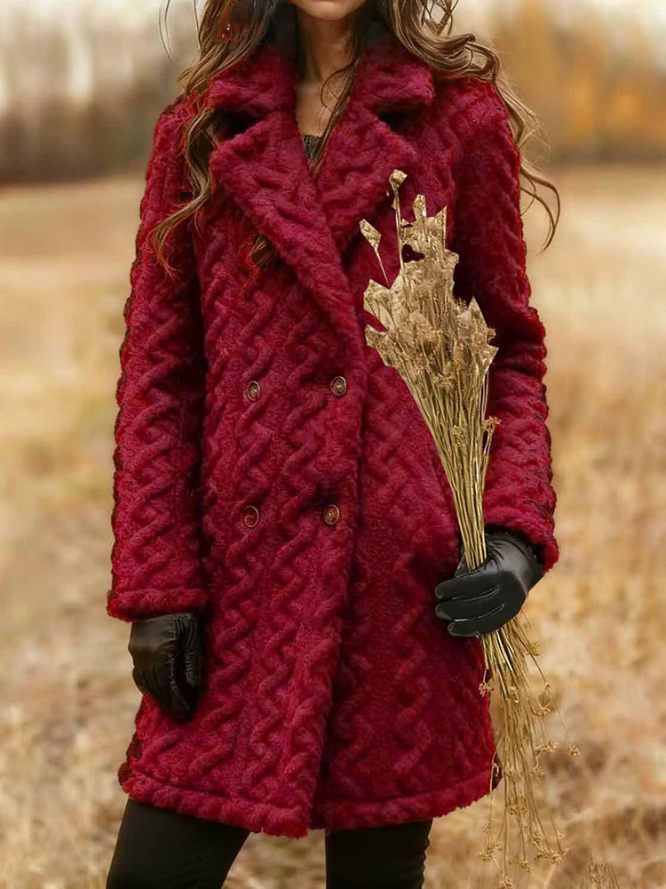 Winter dikke jacquard damesjas eenvoudig effen kleur dubbele rij knopen ontwerp wollen jas casual rechte bovenkleding met lange mouwen