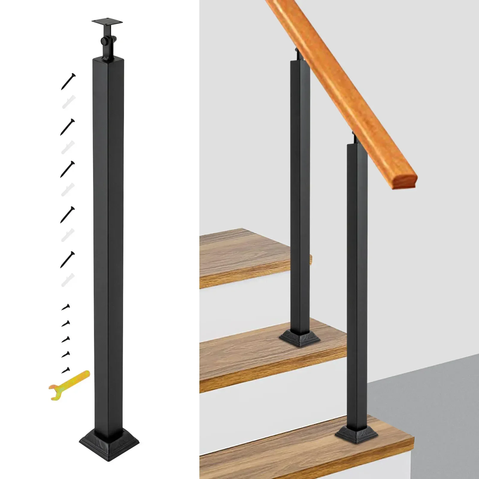 Stair Balusters Post, Banister Column for Steps, Black Square Metal Railing Spindles with Flat & Adjustable 270° Angle Bracket