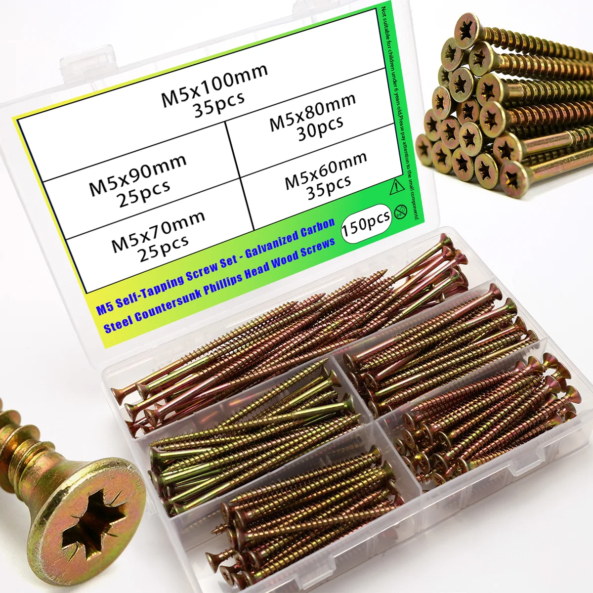 150pcs M5 Self-Tapping Screw Set - 60-100mm Phillips Head Flathead Wood Screws for Woodworking, Furniture Making, and Log Cabins