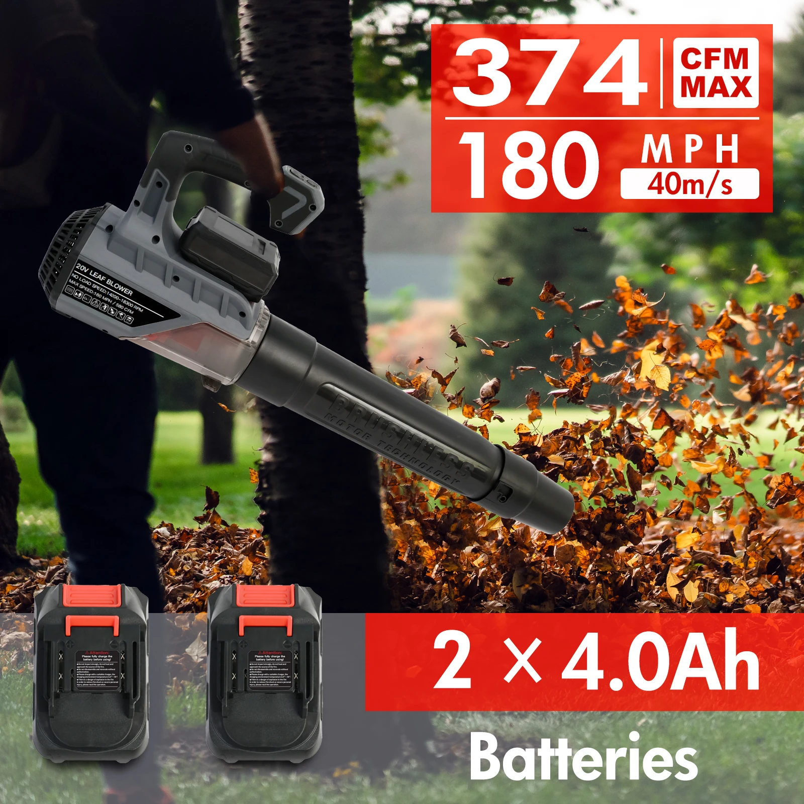 21V Brushless Cordless Leaf Blower Electric Handheld with 2x4.0Ah Batteries Fast Charger Two-Speed for Yards Patios Sidewalks