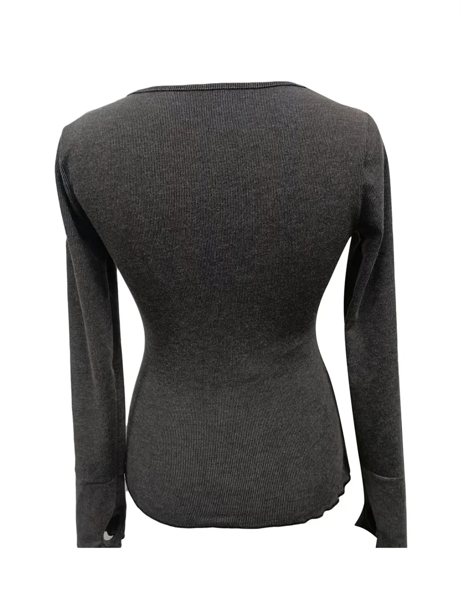 Women Fashion T-shirt Vintage Grey Long Sleeve Crew Neck Flower Print Slim Fit Ladies Tops for Casual Daily 2024 New Streetwear