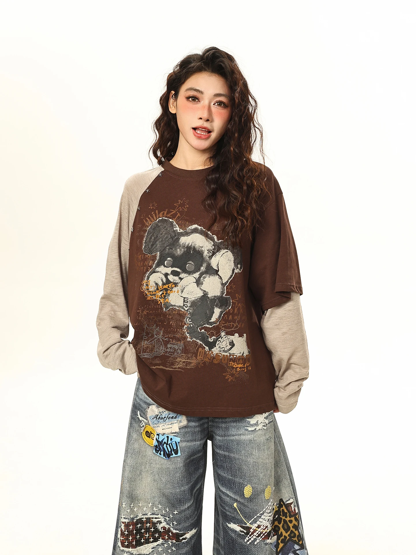 

Женская футболка с длинным рукавом и круглым вырезом в стиле ретро с американским принтом собаки, весенняя, свободная, асимметричная, в стиле субкультуры, крутая и милая.