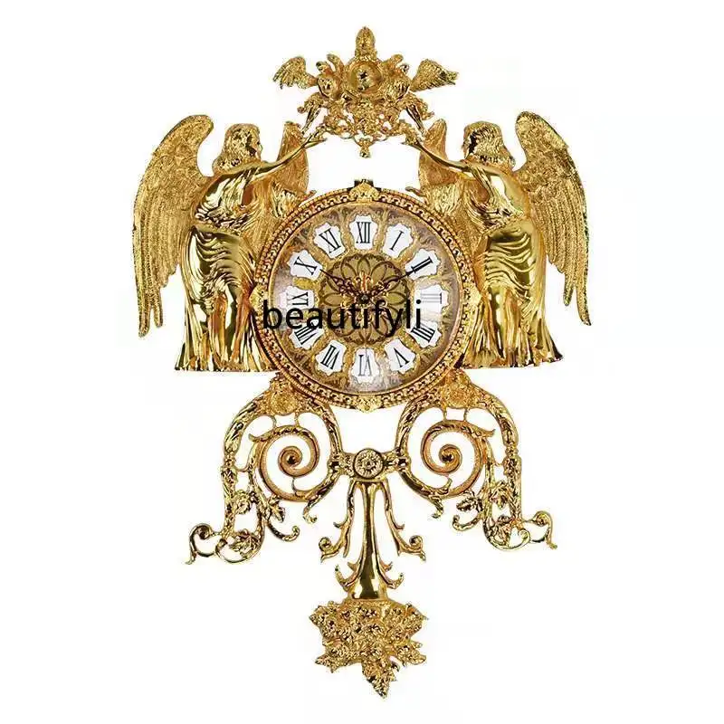 

Полностью медные настенные часы для гостиной, золотые настенные часы в стиле ретро, бесшумные европейские настенные часы из чистой меди для гостиной