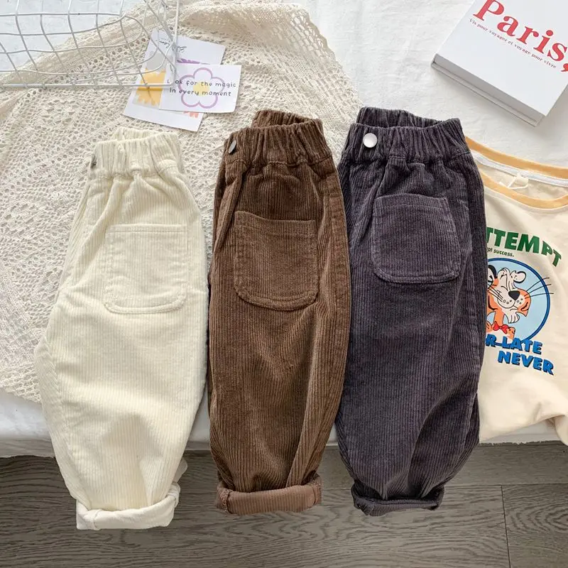 Boy Korean Children\'s Clothing Spring Fall Kids Trousers Corduroy Boys Pants Solid Pants Baby Girls Outfit Clothes for Teenagers