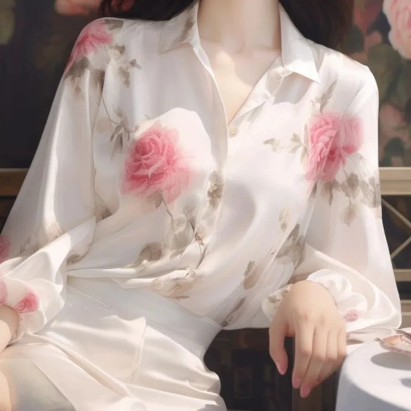White Floral Chiffon Shirt Top Polo Neck Long Sleeve Thin Print Elegant Lose Blouse Spring New Temperament Fashion Women Clothes