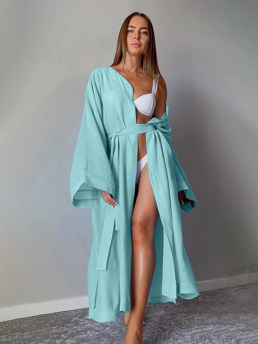 

Marthaqiqi Loose Ladies Sleepwear Long Sleeve Robe Lace Up Pajama Sexy V-Neck Bathrobe Ankle-Length Dress Casual Femme Nightwear