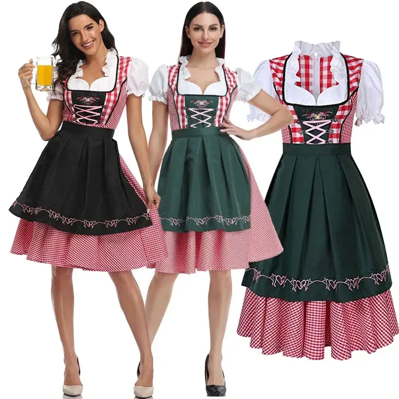 

Woman Oktoberfest Plaid Dirndl Dress German Bavarian Beer Wench Waitress Cosplay Costume Halloween Carnival Party Dress