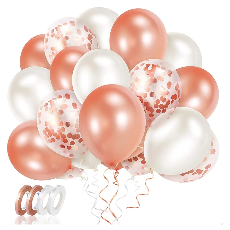 70PCS Rose Gold Balloons Set With Ribbons,12 Inch Latex Confetti Balloons For Birthday Party Wedding Anniversary