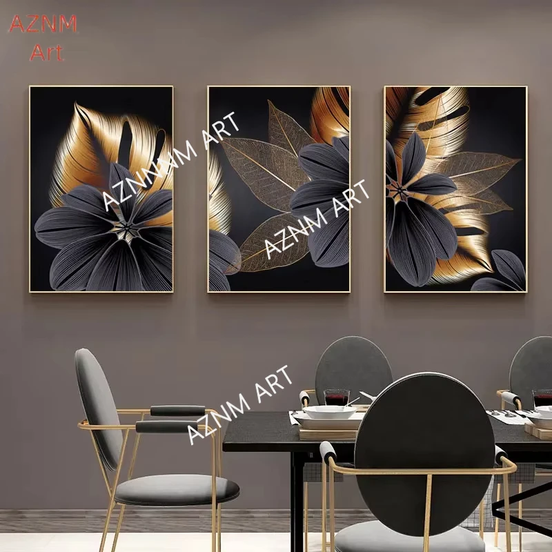 

1/3pcs Black Golden Plant Leaf Canvas Poster Print Modern Home Decor Abstract Wall Art
