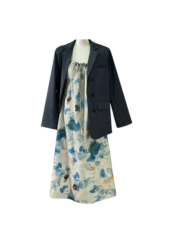 Outono 2024 nova aquarela feminina adient cinta dr com terno ort jaet conjunto de duas peças sentimento high-end casual wear