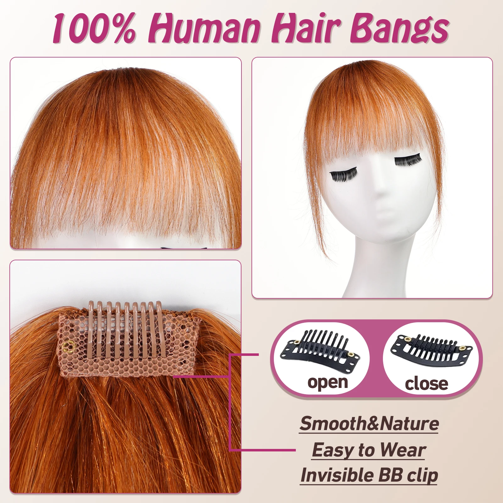 Bangs Hair Clip in Bangs 100% Real Human Hair Extensions Wispy Bang Ginger Copper Fake Bangs Fringe with Temples for Women Daily