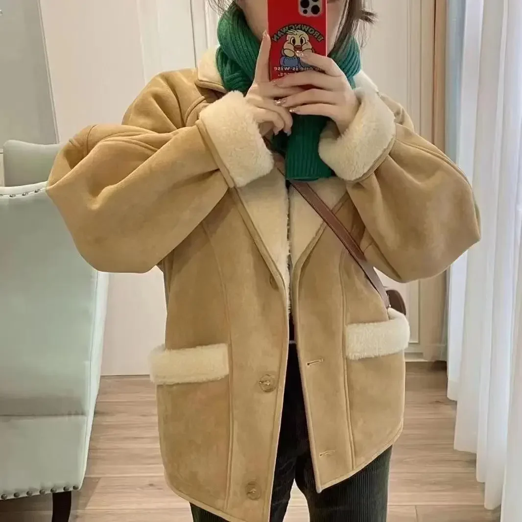 Light brown lamb hair coat jacket women  Korean autumn and winter vintage style deerskin thickened cotton padded jacket women