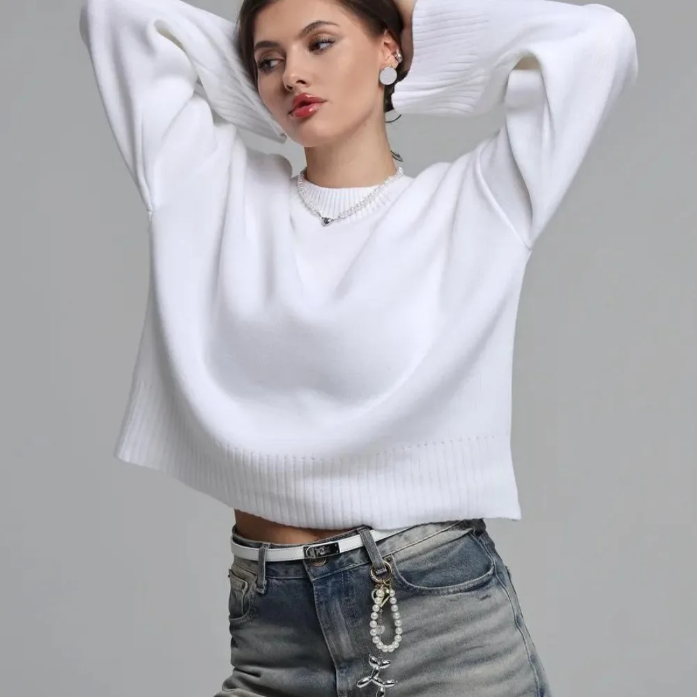 

Sweet Solid O-neck Knitted Sweater Autumn and Winter Women Elegant Fashion Versatile Loose Warm Long Sleeved Pullover Sweater