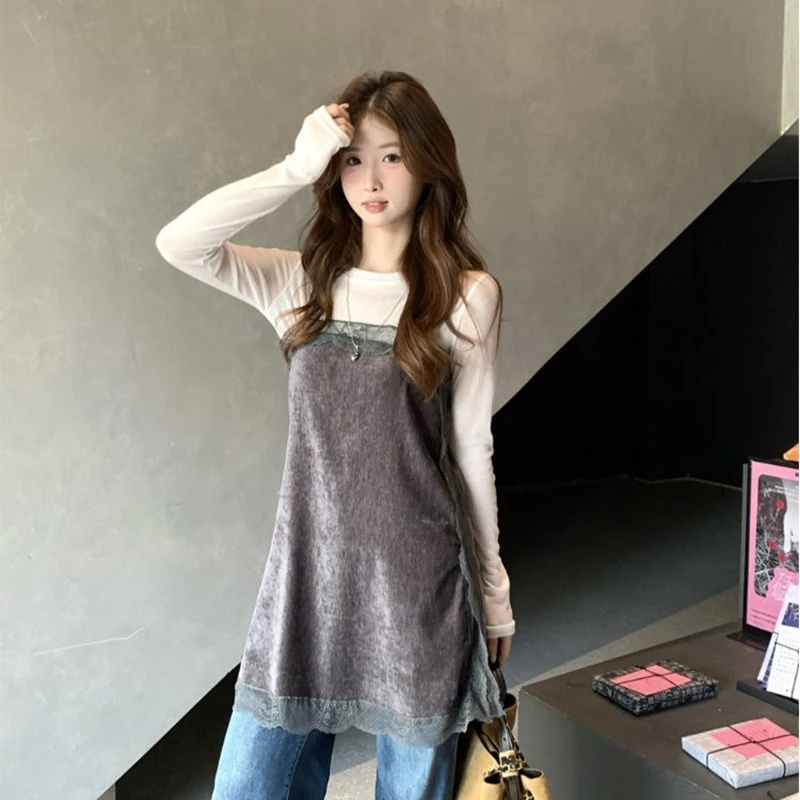 

Женский комплект из двух предметов: элегантное платье с кружевными вставками и утягивающим эффектом, на бретельках, весна-осень, новинка, короткое платье А-силуэта, тренд