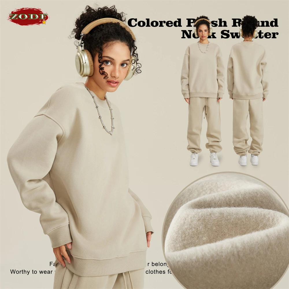 ZODF New Men 345GSM Fleece Sweatshirt Autumn Winter Unisex Loose Solid O-Neck Hoodie Pullovers Streetwears HY0011