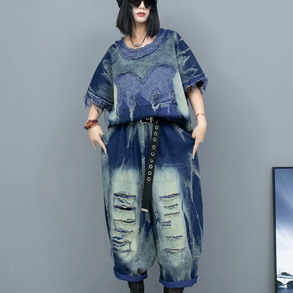 

Personalized Contrasting Colors Distressed Denim Fur Edges Short Sleeved Top + Harem Pants Two-piece Set Women LX1505