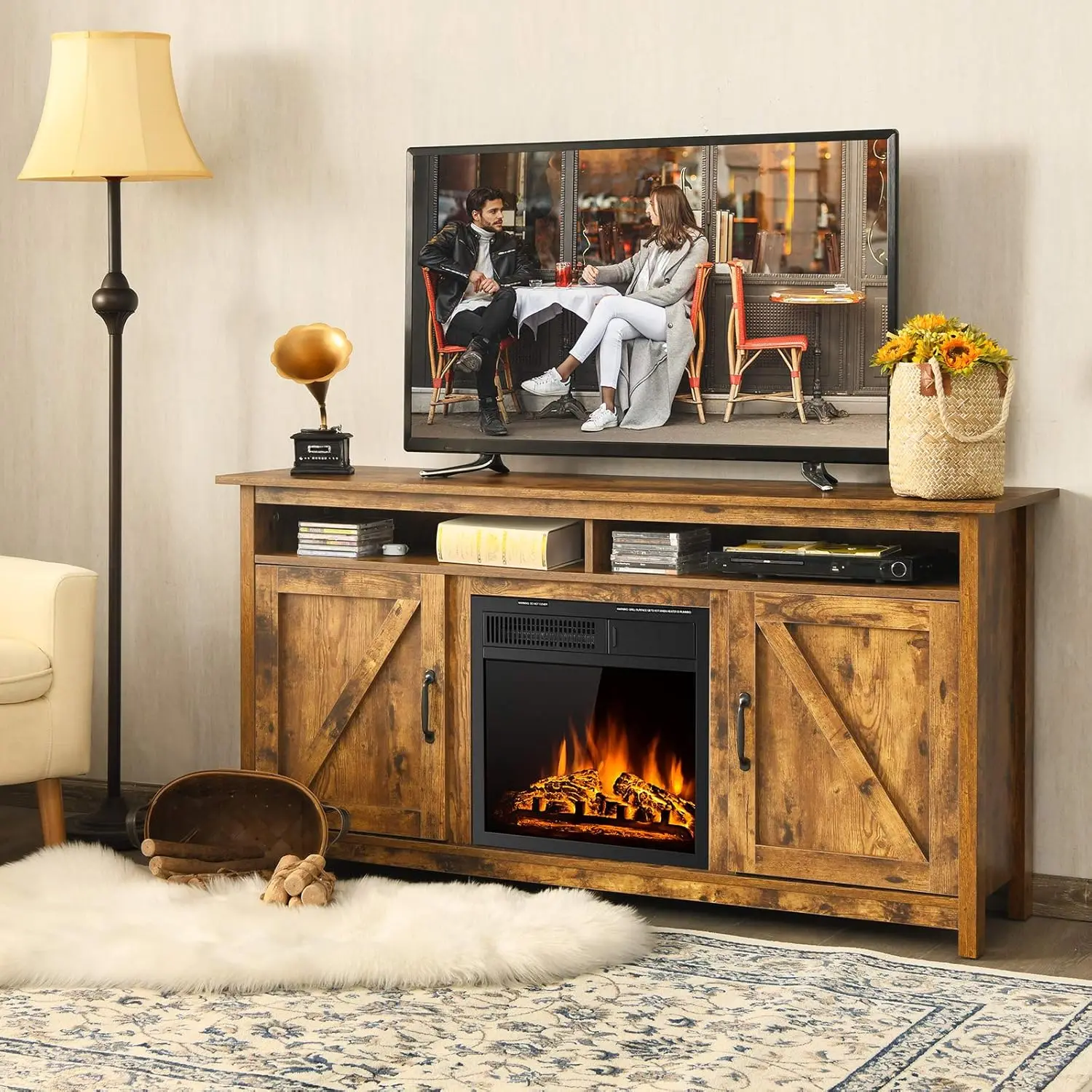 Industrial Fireplace TV Stand for TVs Up To 65 Inches Entertainment Center W/ 1500W Fireplace Fireplace Media Console Table