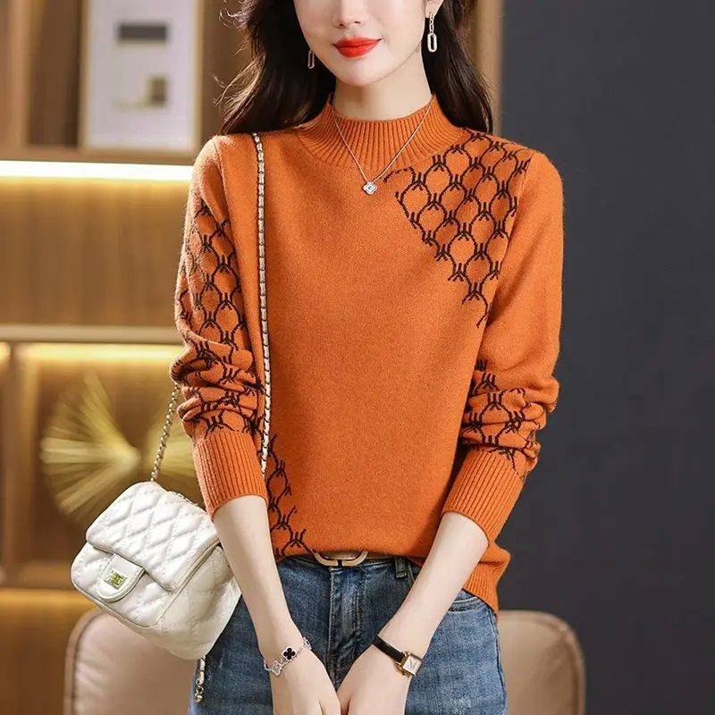 Women Clothing O-neck Chic Vintage Kniited Pullovers Winter Thick Letter Jacquard Sweaters Warm Elegant Fashion Knitwear Tops