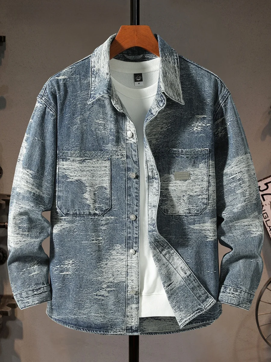 

Молодежная повседневная джинсовая куртка в американском стиле для мужчин, плотная рабочая куртка с градиентной вышивкой, из смесового хлопка и полиэстера, с длинными рукавами