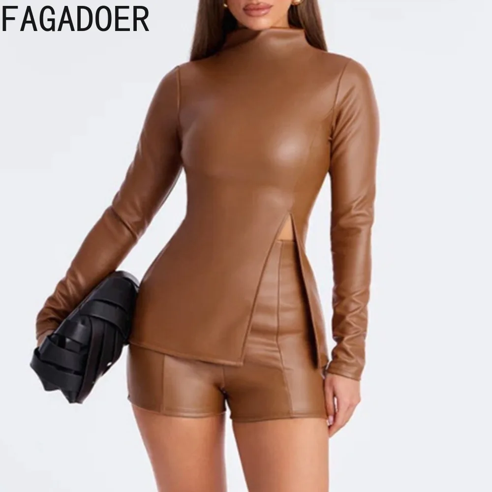 FAGADOER Set Pakaian Wanita 2 Potong Motif Leopard Seksi Warna Solid Atasan Crop Top Lengan Panjang dengan Ritsleting dan Celana Pendek Streetwear Wanita