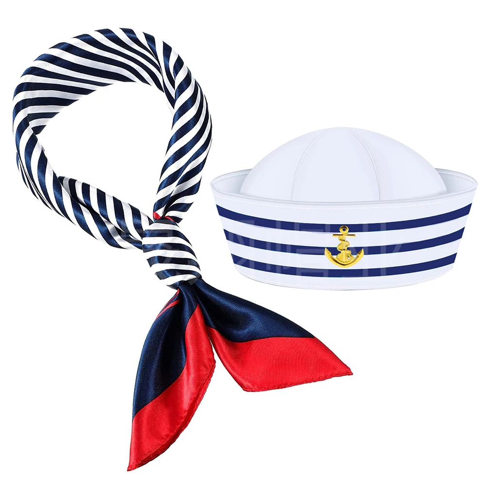 

Blue White Striped Captain Hat Scarf Set 58cm Sailor Hats Outfit Women Men Nautical Accessories Costume Party marin cap sailor