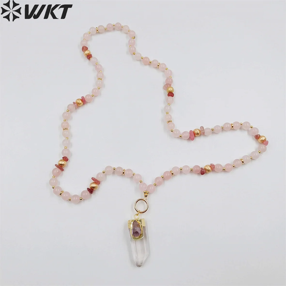 WT-N1411 WKT 2023 Exquisite rose quartz&crystal quartz necklace pendant women jewelry new sale 30inch gemstone pendant girl image 3
