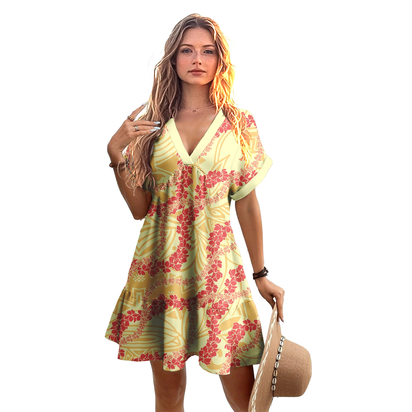 Low MOQ Upscale Dress V-Neck Ruffles Ladies Clothes Custom Hawaiian Hibiscus Print Pua Kenikeni Design Women Elegant Short Dress view 5