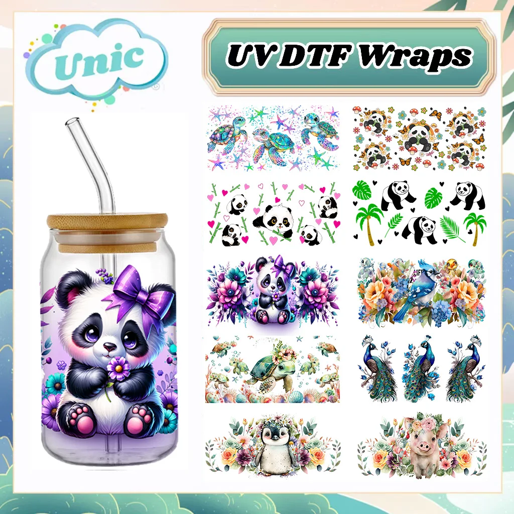 Adesivo de Transferência de Animais Bonitos, Panda, Tartaruga, UV, DTF, Copo Wraps para 16OZ Vidro, Libbey Can Garrafa, Selfadhesive, Lavável, DIY,