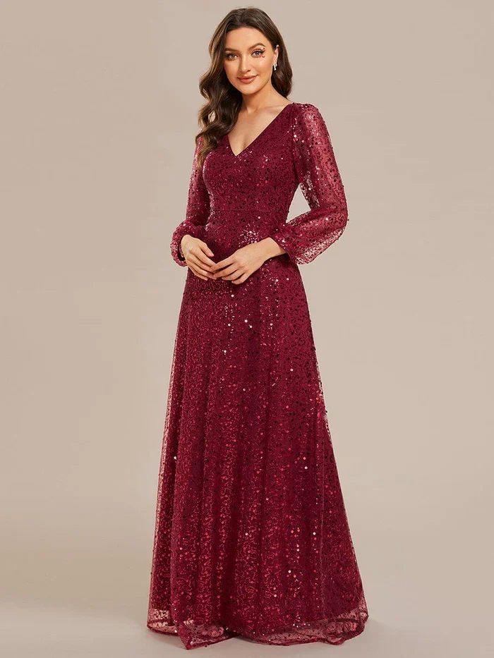 Elegant waisted chiffon Shimmering All Over V-Neck Long Lantern Sleeve Sequin A-Line Evening Dress