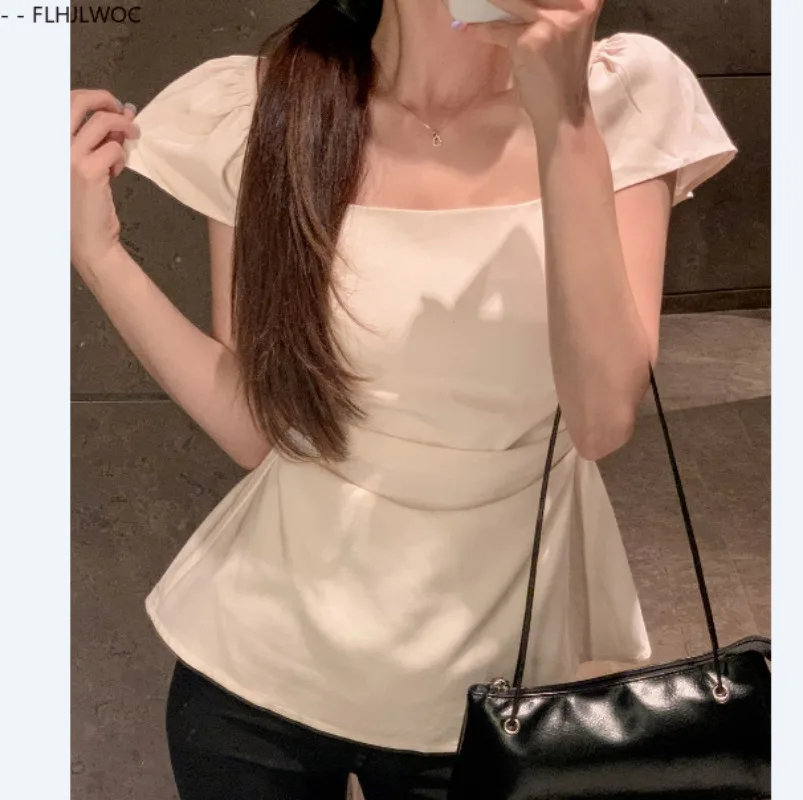 Hauts péplum à lacets, couche drapée, mignons et doux pour filles du japon, rétro, solide, col carré, taille fine, chemisiers Design Chic Y2K