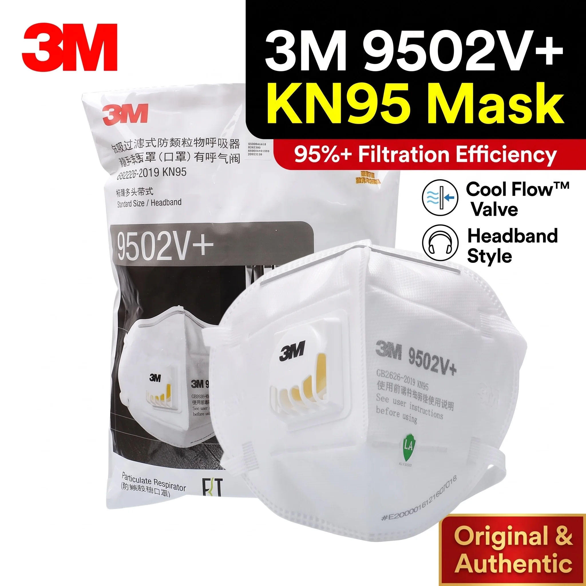3M 9502V+ KN95 Respirator with Valve Head Strap Dust Mask Particulate Protection Air Filter Safety Anti Pollution Equipment