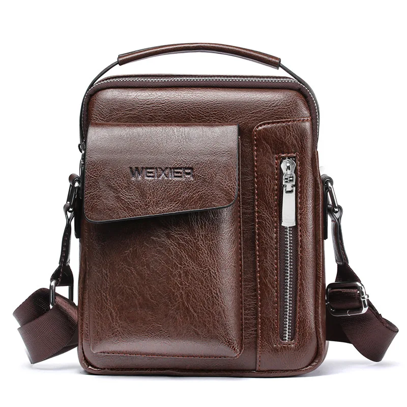 WEIXIER Men Retro Bag Simple Shoulder Business Famous Brand PU Leather Shoulder Messenger Bags IPad Office Handbag  Travel Bag