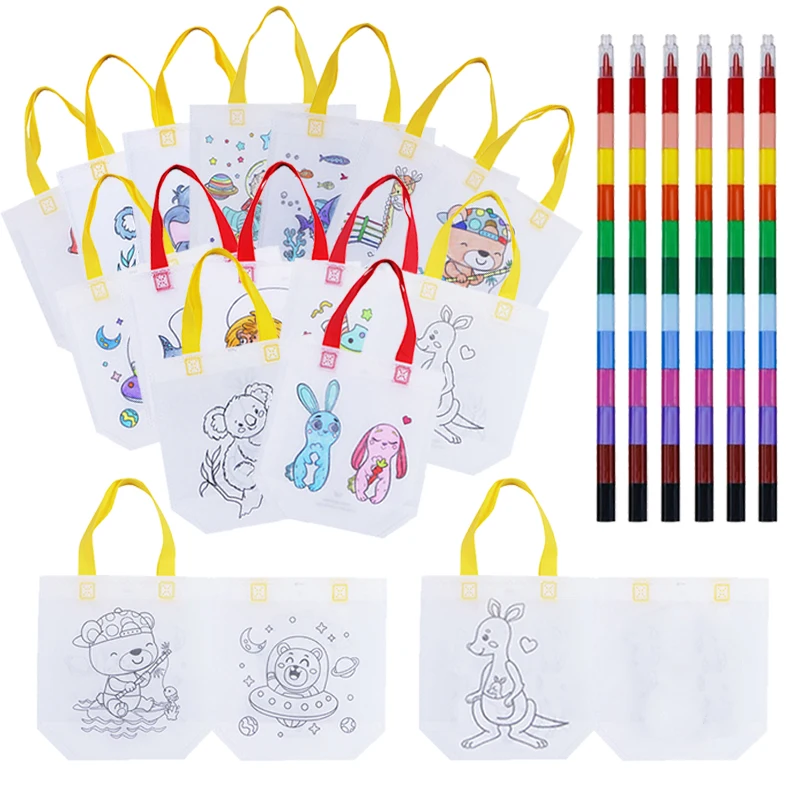 Children Painting Graffiti Bag Toys with Crayons Non-woven Handbag Kids DIY Drawing Bags Gift Color Cognition Material TMZ