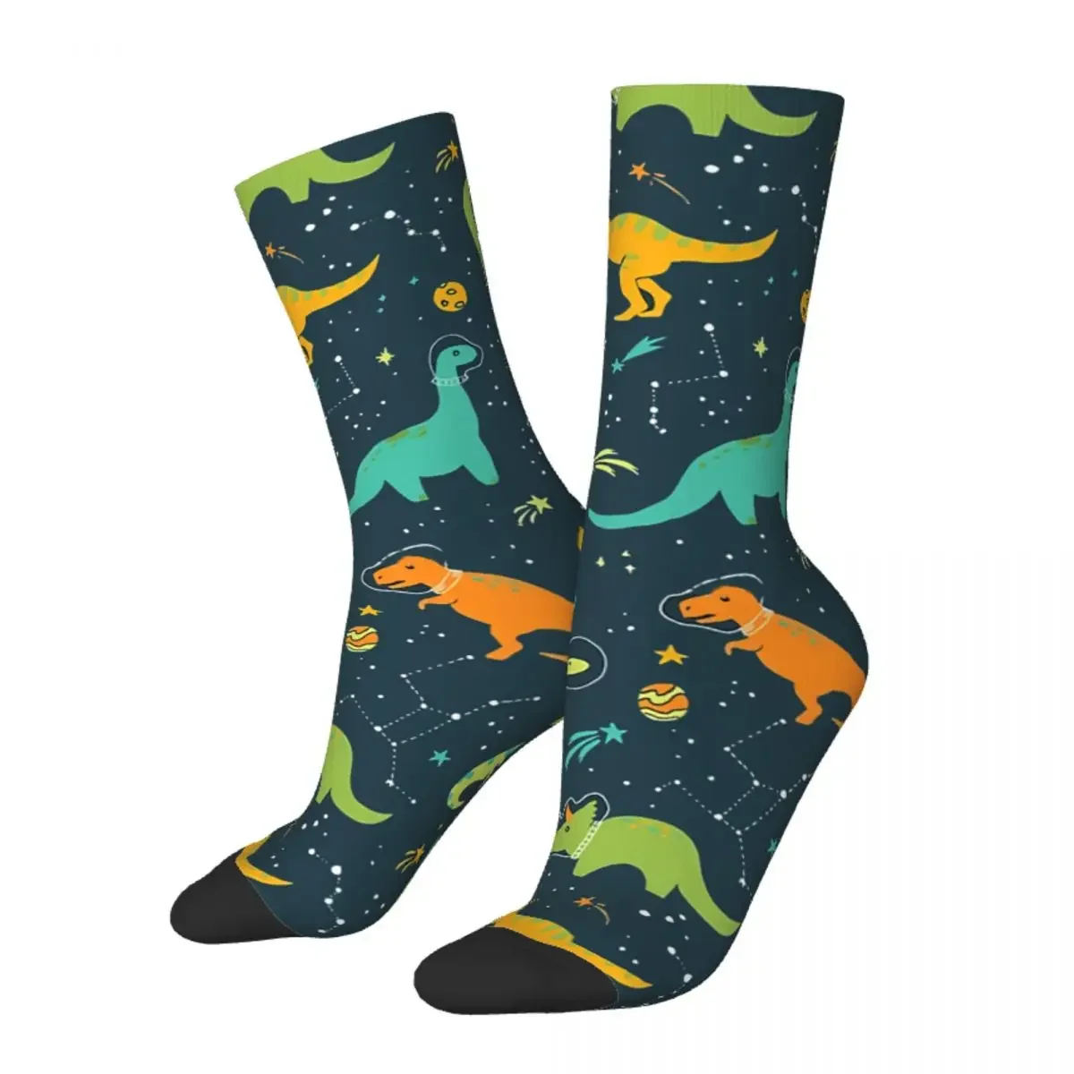 Funny Crazy Sock for Men Space Adventure Hip Hop Vintage Dinosaurs Seamless Pattern Printed Boys Crew Sock Novelty Gift