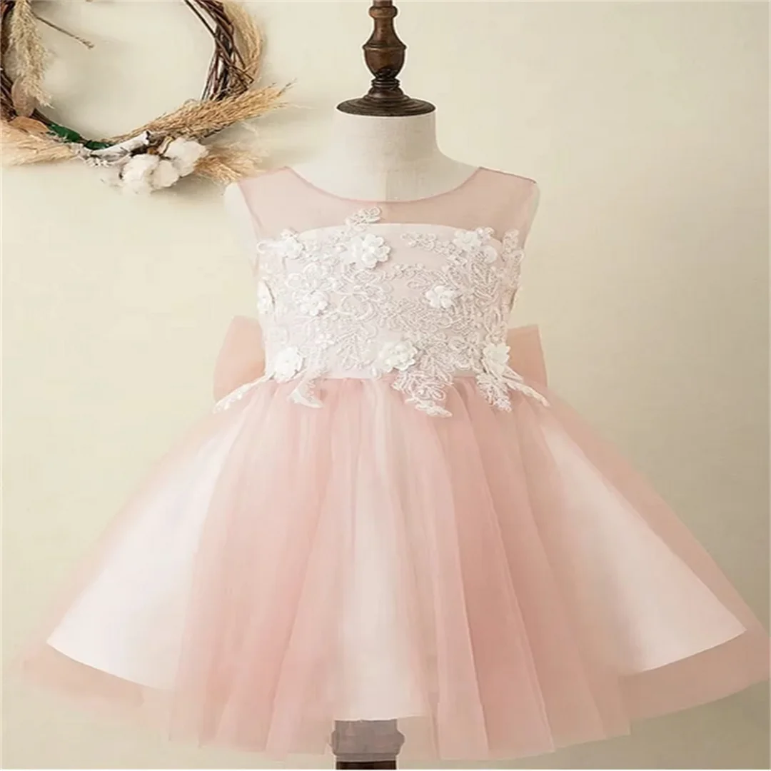 Communion Gown Pink Angel Flower Girl Dresses Tulle Appliques Sleeveless For Wedding Kids Birthday Party Banuqet Gift