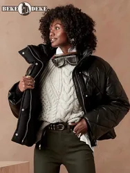Women Winter Thick Warm Down Jacket Sheepskin Genuine Leather Overcoat Windproof Stand Collar Loose Fit Coat Vintage Outerwear