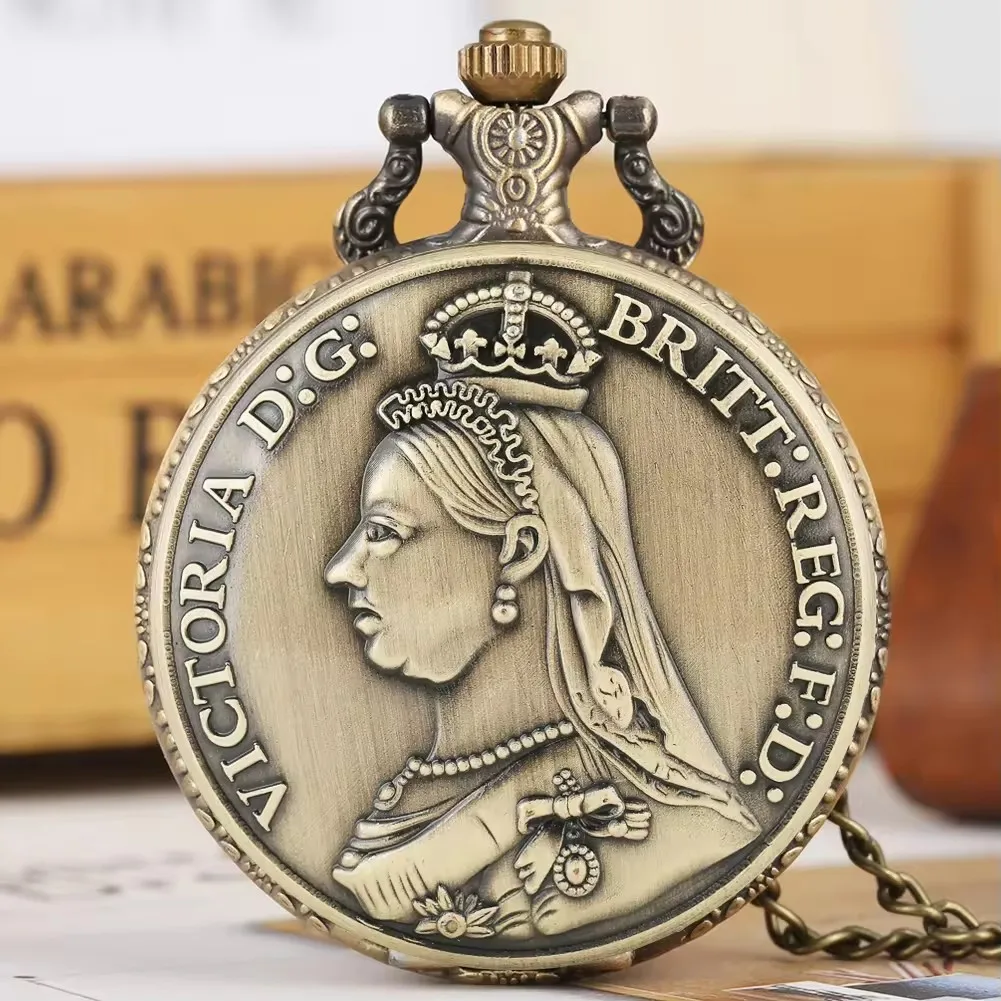 Souvenir Retro Bronze Queen Victoria Necklace Pendant Watch Vintage Quartz Pocket Clock With Chain For Gift