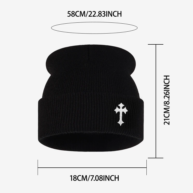 Cross Embroidered Knit Beanie, Soft Stretchy Adult Cuffed Hat, Fashion Accessory for Church Party Holiday Daily Outfit