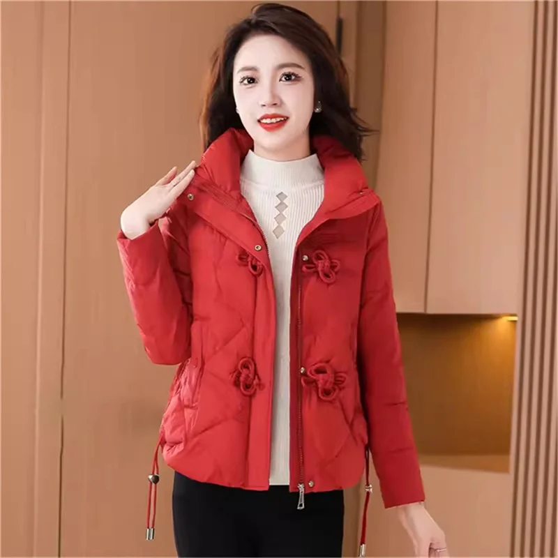 2025 Winter New Casual Warm Coat Fashion Stand up Collar Down Cotton Coat Women's Versatile Thickened Cold-Proof Coat Solid Colo